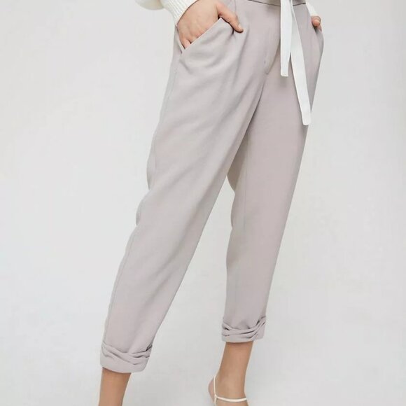 Aritzia Wilfred Allant Pants Cropped Leg Tie Waist Crepe Trousers, Taupe - Picture 1 of 9